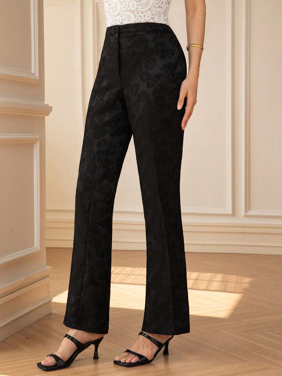 Chiquease 新品欧美复古优雅淑女纹理花卉提花面料超修身喇叭裤 - 黑色 - 查看 1