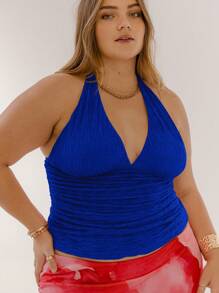 Aralina Top de salir de corte ceñido con cuello de halter fruncido, sin espalda y con lazo, talla grande curva - azul real - Ver 5