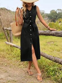 SHEIN LUNE Đầm yếm denim không tay cài nút phía trước cho nữ ngày lễ - màu đen - Xem 7