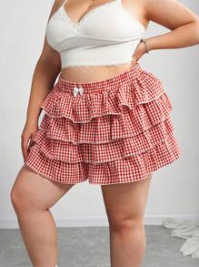 SHEIN CURVE+ 大码休闲低腰格子紧身褶皱女超短裤校服女红白平角短裤简约日常穿搭 - 紅白色 - 查看 6