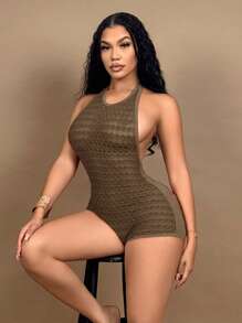 SHEIN SXY Women Ripped Sexy Halter-Neck Jumpsuit, Bodysuits For Women, Women Bodysuits, Mesh Jumpsuit, Halter Bodysuits,Sexy Outfits For Women