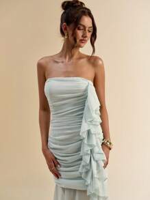 SHEIN BAE Women's Summer Solid Color Ruched Ruffled Hem Bandeau Dress - Teal Blue - View 6
