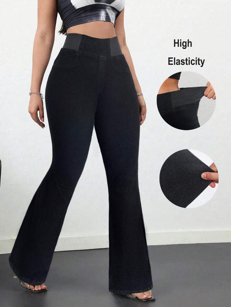 SHEIN Tall 女士牛仔裤休闲紧身弹力喇叭裤蓝色紧身牛仔裤高腰喇叭裤高腰女士牛仔裤夏季 - 黑色 - 查看 1