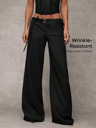 SHEIN BAE Women's Casual Plain Grey Wide-Leg Relaxed Fit Trousers With Drawstring & Mesh Panel Decoration, Versatile For Everyday Wear & Commute ,Business Casual Woman