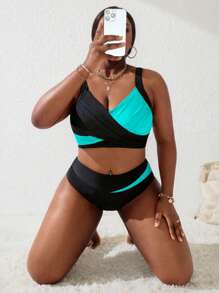 Slaydiva Conjunto de 2 piezas de traje de baño con top fruncido de contraste de talla grande para mujer, ideal para playa y vacaciones de verano