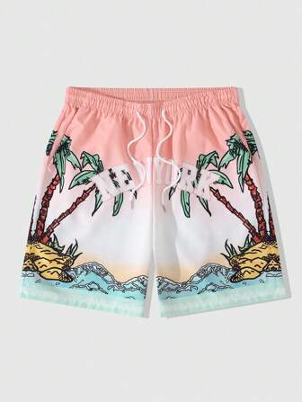Street Life Men's Vacation Gradient Palm Tree Print Beach Shorts, Spring/Summer Vacation Style