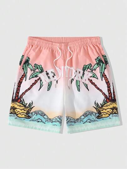 Street Life Pantalones cortos de playa con estampado de palmeras degradado para hombres, estilo de vacaciones de primavera/verano