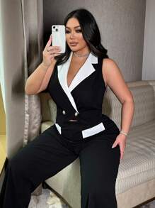 NU&NOW Women Plus Size Elegant Black & White Contrast Color Suit Vest & Pants 2pcs Set, Button Decor Fashion Design Versatile