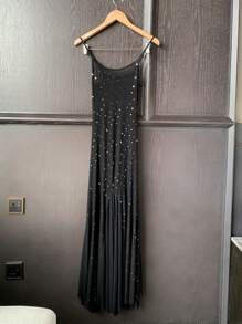 DAZY 透明亮片网眼紧身长款吊带裙，女士性感睡衣 - 黑色 - 查看 9