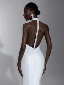 Elitara Elegant White Satin Shiny Elastic Minimalist Luxurious Halter Fishtail High Slit Backless Removable Rhinestone Chain Extra Long Trailing Dress, Suitable For Outdoor, Lawn, Beach, Wedding, Evening Party, Formal Occasion, Bride - White - View 2