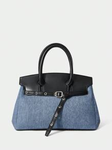 SHECARRY 女士时尚个性化街头风格 Y2K 迷彩拼布黑色 PU 手提包 - 藍色 - 查看 1