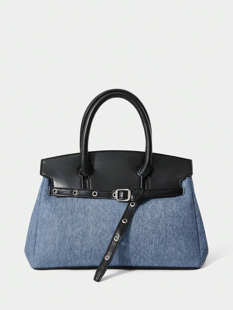 SHECARRY 女士时尚个性化街头风格 Y2K 迷彩拼布黑色 PU 手提包 - 藍色 - 查看 1