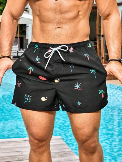 Manfinity Swimmode Men's Casual Elastic Waist Drawstring Summer Beach Shorts, Hawaiian Men Swim Trunks Beach Men Swim Trunks Funny