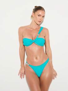 KIZN Asymmetric One Shoulder Monokini Bandeau Swimming Top Pearl Detail Bikini Set Resort Swim Beach Summer Wear Two Piece