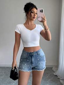 Elenzga Women's Fashion Casual Versatile Pearl Decorated Denim Shorts - Light Wash - View 1