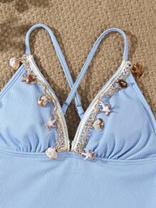 Tankinis für Tween Kleine Mädchen, 2 Stücke, einfarbig, gerippter Stoff mit Muschelquaste, geeignet für den Strandurlaub, Sommeroutfits für Kleine Mädchen, Sets für Kleine Mädchen, Badeanzüge für Teenager, Bikini-Sets für Teenager, Badeanzüge für Teenager, Bikini-Sets für Teenager, Bikini-Sets für Teenager, Western-Badeanzüge für Teenager