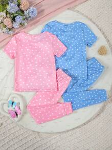 SHEIN Conjunto de pijama ajustado de 4 piezas con estampado de corazón y estrella para niña, con top de manga corta y pantalones, en estilo princesa rosa y azul