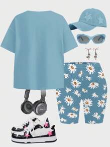 SHEIN Bộ trang phục 2 món áo thun tay ngắn tối giản thường ngày dành cho bé gái tuổi teen và quần short, phù hợp cho mùa hè - Nhiều màu - Xem 2