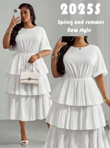 Slaydiva Plus Size Solid Color Long Sleeve Dress, Fashionable For Summer,Flowy Dress - White - View 1