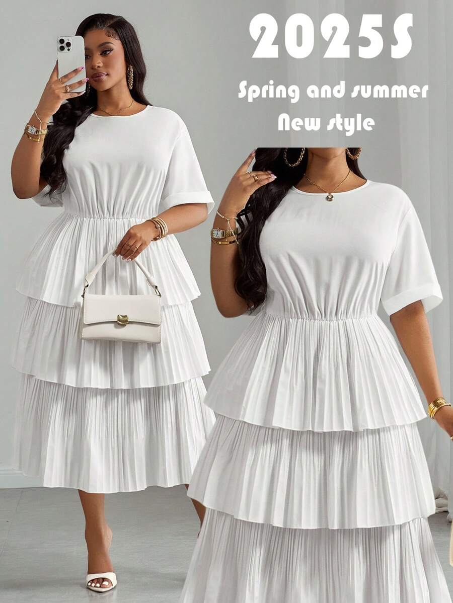 Slaydiva Plus Size Solid Color Long Sleeve Dress, Fashionable For Summer,Flowy Dress - White - View 1