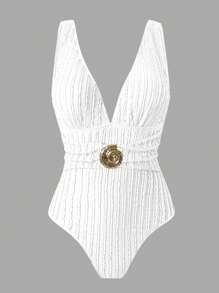 Swim Oasis 2 pezzi/set Costume da bagno da donna 2025 in tessuto texturizzato, monospalla senza maniche con schiena scoperta, con spacco e fiocco, costume da bagno per vacanze al mare
