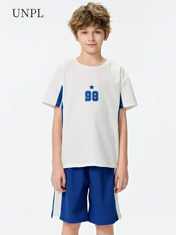 Oversized Letter Print Short Sleeve Round Neck T-Shirt & Shorts Set For Tween Boys, Street Fashion Style, Shining Like A Bright Star, Popular Among Boys