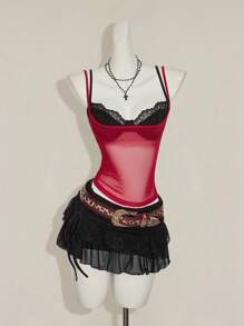 SHEIN ICON 女士红色薄纱蕾丝吊带露脐背心