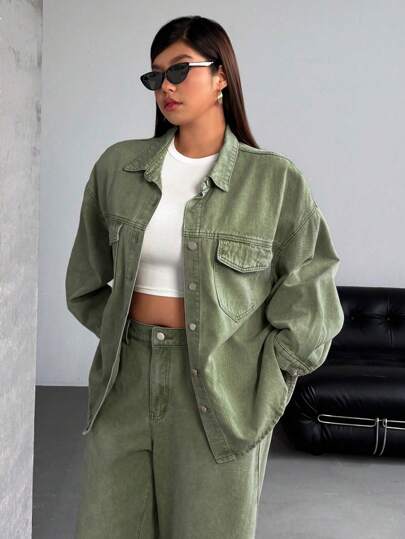 SHEIN ICON 大码女式落肩长袖单排扣休闲宽松牛仔夹克