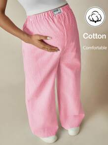 SHEIN Maternity Casual Striped Patchwork Elastic Waist Loose Wide Leg Pants