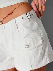 TRNVIE Casual Solid Color Low-Rise Utility Denim Shorts, Summer
