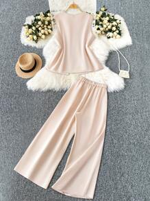 SHEIN Clasi 大码女式无袖开衫和松紧腰裤两件套，休闲百搭，适合春夏季办公室/通勤穿着 - 杏色 - 查看 2