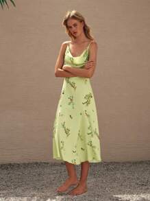 Lumivelle 女士细肩带荷叶边下摆绿色花卉印花中长度假连衣裙