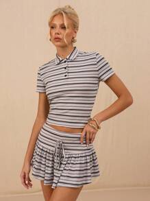 SHEIN Forever 21 Women Striped Polo Collar Short Sleeve Cropped Casual T-Shirt