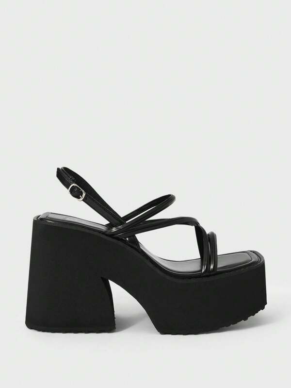 Sugerpunk Women Square Toe Platform Wedge Ankle Strap Sandals, Gothic Punk Style Criss-Cross Straps Thick High Heels Open Toe Shoes, Comfortable Casual Commuting Party Wear