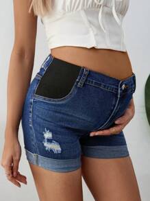 SHEIN Pantalones cortos vaqueros elásticos de maternidad, azules, ajuste ceñido informal