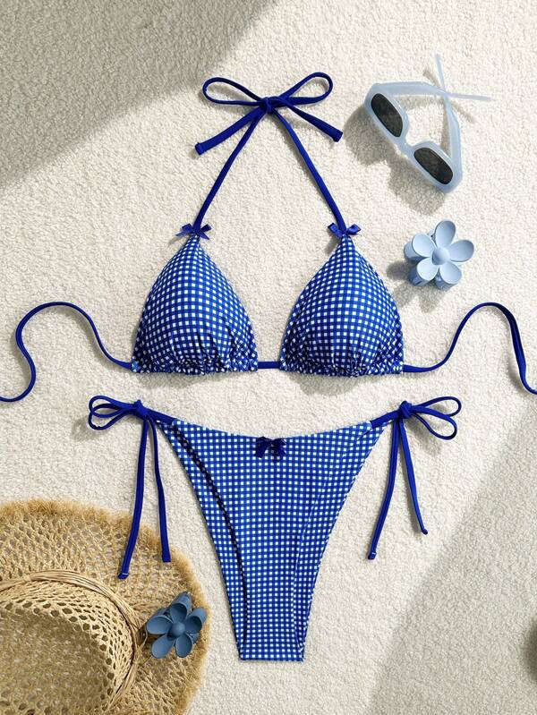 SHEIN Swim Curve 2pcs/Set Plus Size Women's Blue Plaid Print Spaghetti Strap Halter Bikini Set For Summer Beach Holiday