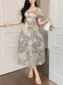DAZY Women's Elegant Jacquard Mid-Length Dress, Summer Easter Floral Dresses For Women - Mauve Purple - View 5