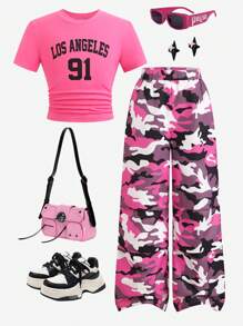 SHEIN 2 Stück/Set Tween Mädchen Camouflage Loose Woven Cargo Hose & Kurzarm T-Shirt, Schule, Campus, Uni, Streetwear
