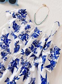 Mono con volantes a rayas azules y blancas para niñas preadolescentes, ideal para uso casual y festivo. - Multicolor - Ver 5