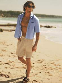 HIMLAND Camicia casuale blu a righe, slim fit, a maniche corte, in tessuto lavorato, da uomo