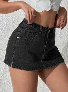 SHEIN PETITE Quần denim đa năng thường ngày có túi cho nữ - màu đen - Xem 5
