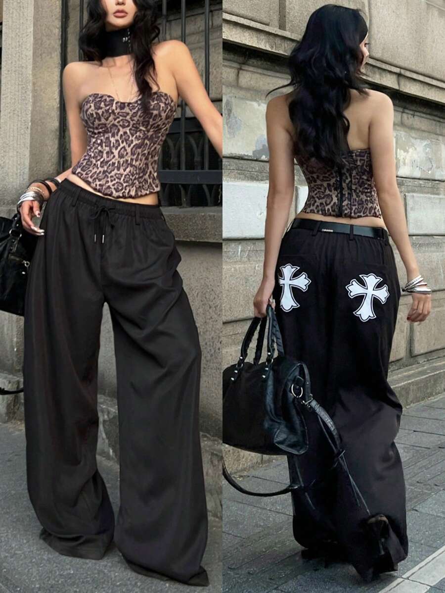 Coolane Pantalones anchos de cargo de tiro medio con bolsillos grandes, de estilo vintage Y2K fresco de ropa urbana para mujer, de color negro - Negro - Ver 1