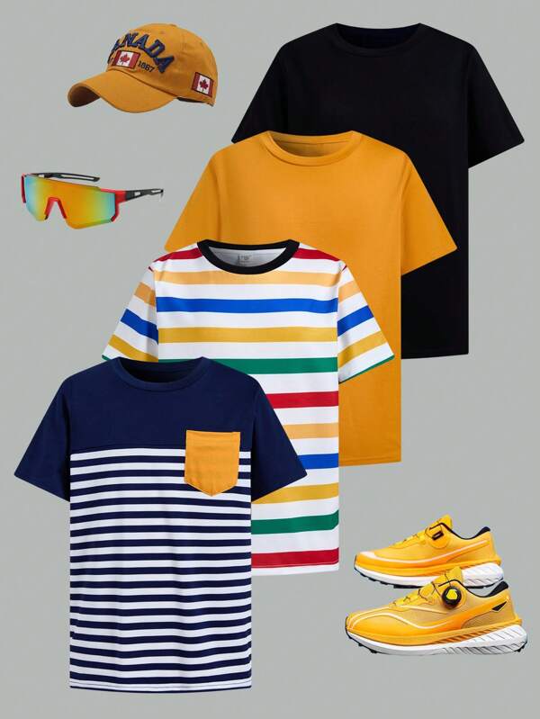 Buy 3 Get 1 Free, 4pcs/Set Tween Boys Comfortable, Versatile, Casual Striped Round Neck Short Sleeve T-Shirt With Pocket, Suitable For Daily Wear, Sports, Outings, School, Gatherings, Festivals, Photoshoots, Back To School Season, Spring/Summer
