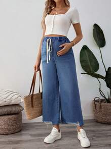 SHEIN Jeans de mezclilla con flecos y amarres a la cintura sueltos para embarazadas, adecuados para uso diario en verano