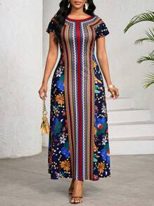 SHEIN Lady 夏季优雅圆领几何印花连衣裙 女士长款连衣裙