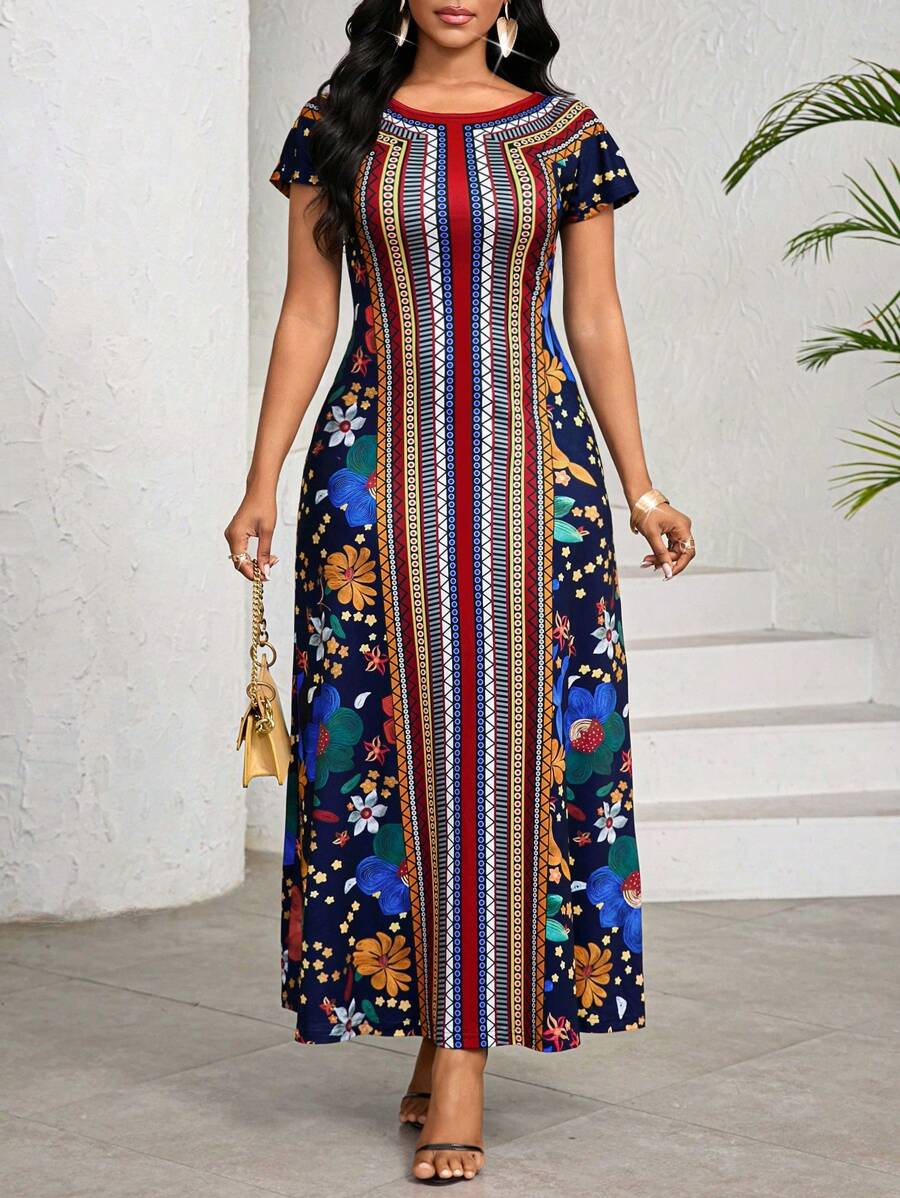 SHEIN Lady 夏季优雅圆领几何印花连衣裙 女士长款连衣裙