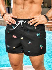 Manfinity VDAYZ Pantaloni scurți de plajă de vară pentru bărbați, cu talie elastică și șnur, stil hawaian