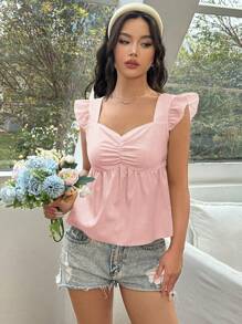 SHEIN Unity Áo sơ mi họa tiết màu trơn có nhún ngực và áo peplum cổ tim - Hồng - Xem 6