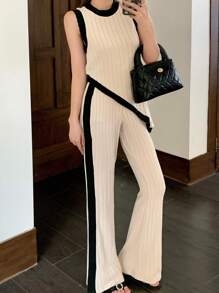 SHEIN 1. Conjunto informal de top corto de punto de contraste de color y pantalones de yoga de pierna acampanada, cómodo y para el deporte, para adolescentes chicas. 2. Vestido elegante de estilo escolar en beige, de estilo veraniego, con pliegues, para fiestas, graduación, universidad, elegante y cómodo, de vuelta al colegio