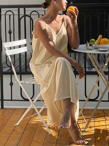 Livesso 宽松简约短款流苏装饰细肩带露背休闲连衣裙睡衣 - 黃色 - 查看 1